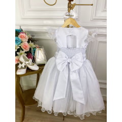 Vestido Infantil Branco Com Glitter e Broche de Flor Luxo