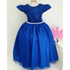Vestido Infantil Damas Honra Azul Royal Casamentos Pérolas