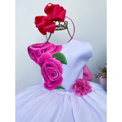 Vestido Infantil Floral Branco C/ Rosa Aplique de Flor Luxo