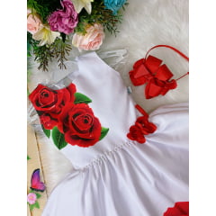 Vestido Infantil Floral Branco C/ Vermelho Aplique de Flor Luxo
