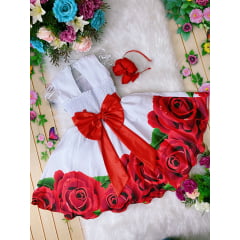Vestido Infantil Floral Branco C/ Vermelho Aplique de Flor Luxo
