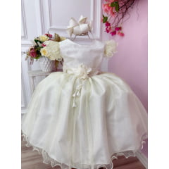 Vestido Infantil Marfim Com Glitter e Broche de Flor Luxo