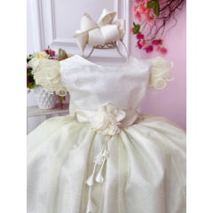 Vestido Infantil Marfim Com Glitter e Broche de Flor Luxo