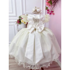 Vestido Infantil Marfim Com Glitter e Broche de Flor Luxo