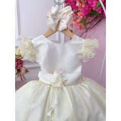 Vestido Infantil Marfim Com Glitter e Broche de Flor Luxo