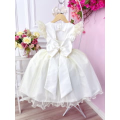 Vestido Infantil Marfim Com Glitter e Broche de Flor Luxo