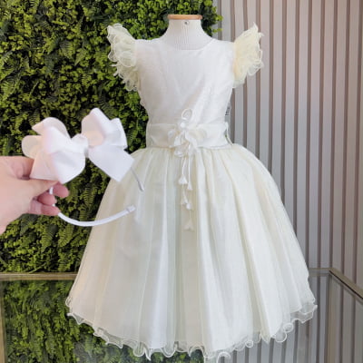 Vestido Infantil Marfim Com Glitter e Broche de Flor Luxo
