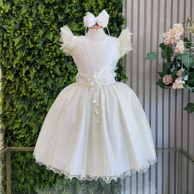Vestido Infantil Marfim Com Glitter e Broche de Flor Luxo