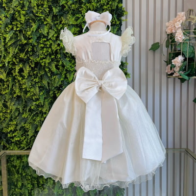 Vestido Infantil Marfim Com Glitter e Broche de Flor Luxo