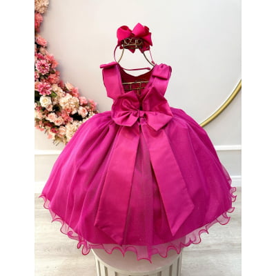 Vestido Infantil Pink C/ Pérolas e Saia Tule Glitter