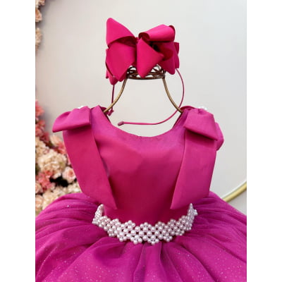 Vestido Infantil Pink C/ Pérolas e Saia Tule Glitter