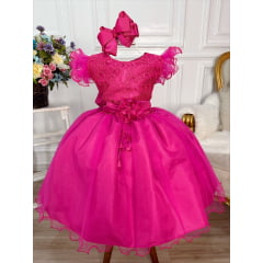 Vestido Infantil Pink C/ Renda e Broche de Flor e Pérola