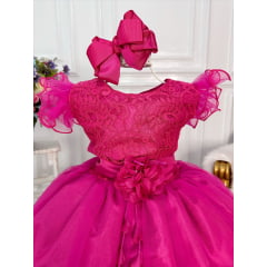 Vestido Infantil Pink C/ Renda e Broche de Flor e Pérola