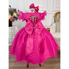 Vestido Infantil Pink C/ Renda e Broche de Flor e Pérola