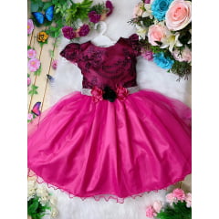 Vestido Infantil Pink e Preto Busto C/ Renda Aplique de Flor