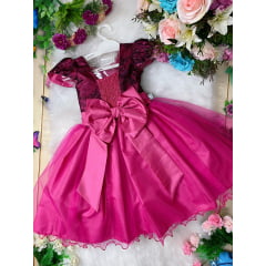Vestido Infantil Pink e Preto Busto C/ Renda Aplique de Flor