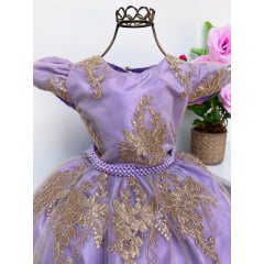 Vestido Infantil Realeza Lilás Renda Dourada Princesas Luxo