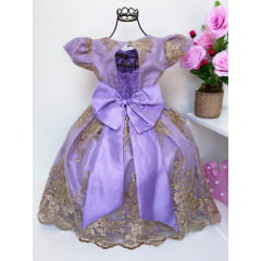 Vestido Infantil Realeza Lilás Renda Dourada Princesas Luxo