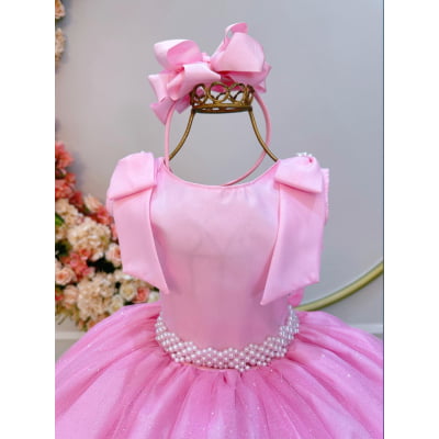 Vestido Infantil Rosa Bebê C/ Pérolas e Saia Tule Glitter