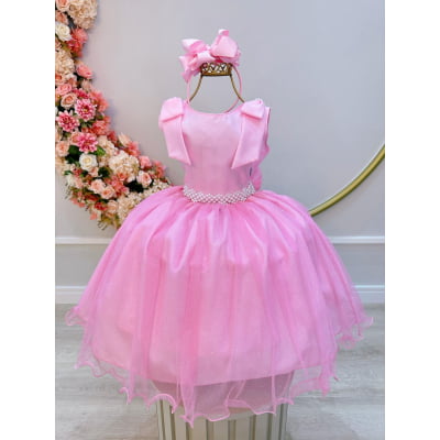 Vestido Infantil Rosa Bebê C/ Pérolas e Saia Tule Glitter