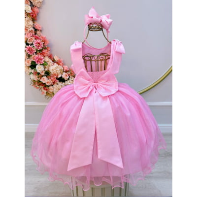 Vestido Infantil Rosa Bebê C/ Pérolas e Saia Tule Glitter
