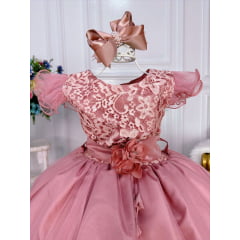 Vestido Infantil Rose C/ Renda e Broche de Flor e Pérola