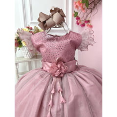 Vestido Infantil Rose Com Glitter e Broche de Flor Luxo