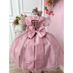 Vestido Infantil Rose Com Glitter e Broche de Flor Luxo