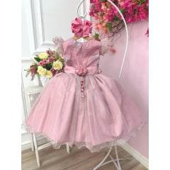 Vestido Infantil Rose Com Glitter e Broche de Flor Luxo