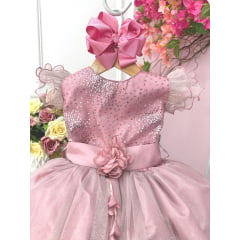 Vestido Infantil Rose Com Glitter e Broche de Flor Luxo