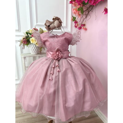 Vestido Infantil Rose Com Glitter e Broche de Flor Luxo