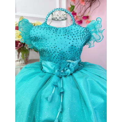 Vestido Infantil Verde Com Glitter e Broche de Flor Luxo