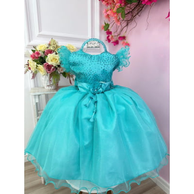 Vestido Infantil Verde Com Glitter e Broche de Flor Luxo