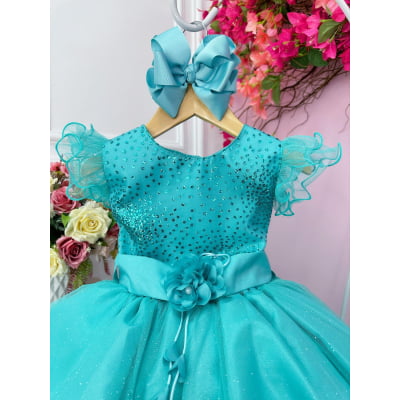 Vestido Infantil Verde Com Glitter e Broche de Flor Luxo