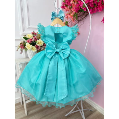 Vestido Infantil Verde Com Glitter e Broche de Flor Luxo