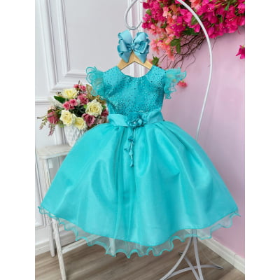 Vestido Infantil Verde Com Glitter e Broche de Flor Luxo