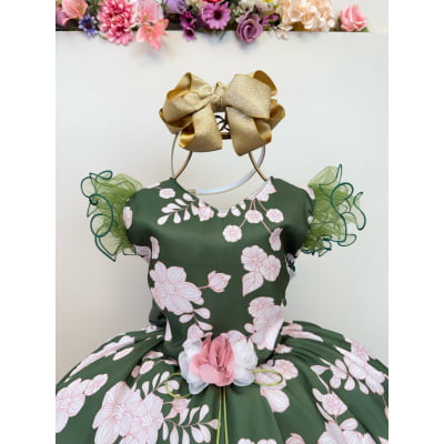 Vestido Infantil Verde Florido C/ Broche Festas Natal Luxo