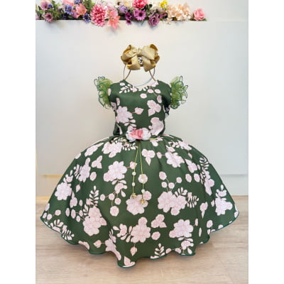 Vestido Infantil Verde Florido C/ Broche Festas Natal Luxo