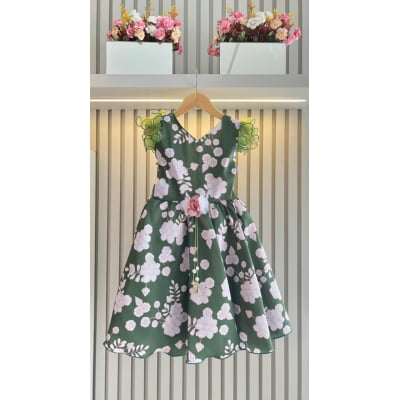 Vestido Infantil Verde Florido C/ Broche Festas Natal Luxo