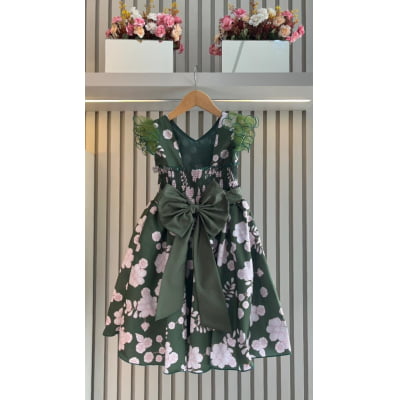 Vestido Infantil Verde Florido C/ Broche Festas Natal Luxo