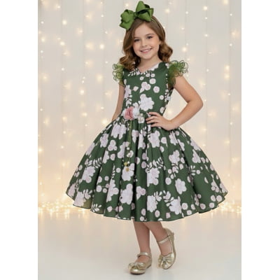 Vestido Infantil Verde Florido C/ Broche Festas Natal Luxo