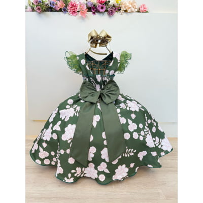 Vestido Infantil Verde Florido C/ Broche Festas Natal Luxo