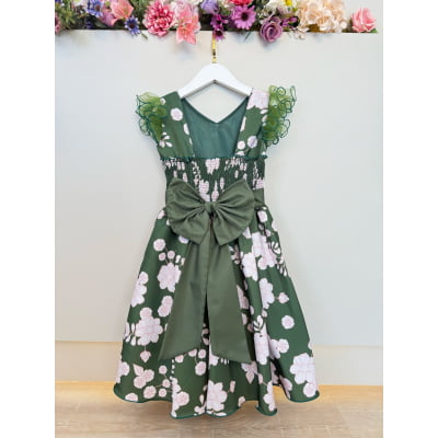 Vestido Infantil Verde Florido C/ Broche Festas Natal Luxo