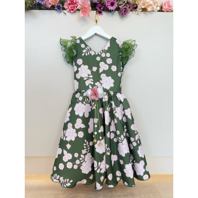 Vestido Infantil Verde Florido C/ Broche Festas Natal Luxo