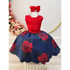 Vestido Infantil Vermelho Saia Florida Busto Plissado Festas