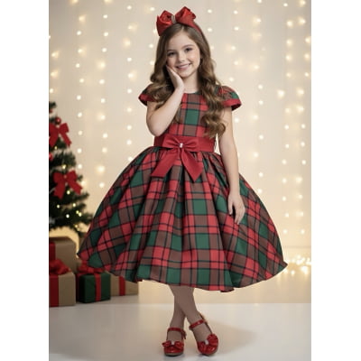 Vestido Infantil Vermelho Xadrez Colorido Festas Natal Luxo