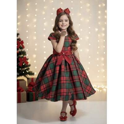 Vestido Infantil Vermelho Xadrez Colorido Festas Natal Luxo