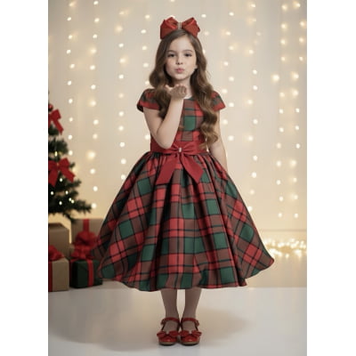 Vestido Infantil Vermelho Xadrez Colorido Festas Natal Luxo