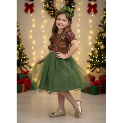 Vestido Infantil Vermelho Xadrez Verde Festas Natal Luxo