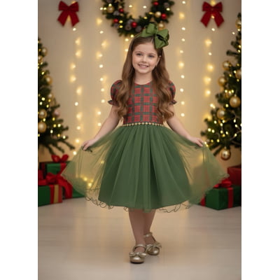 Vestido Infantil Vermelho Xadrez Verde Festas Natal Luxo
